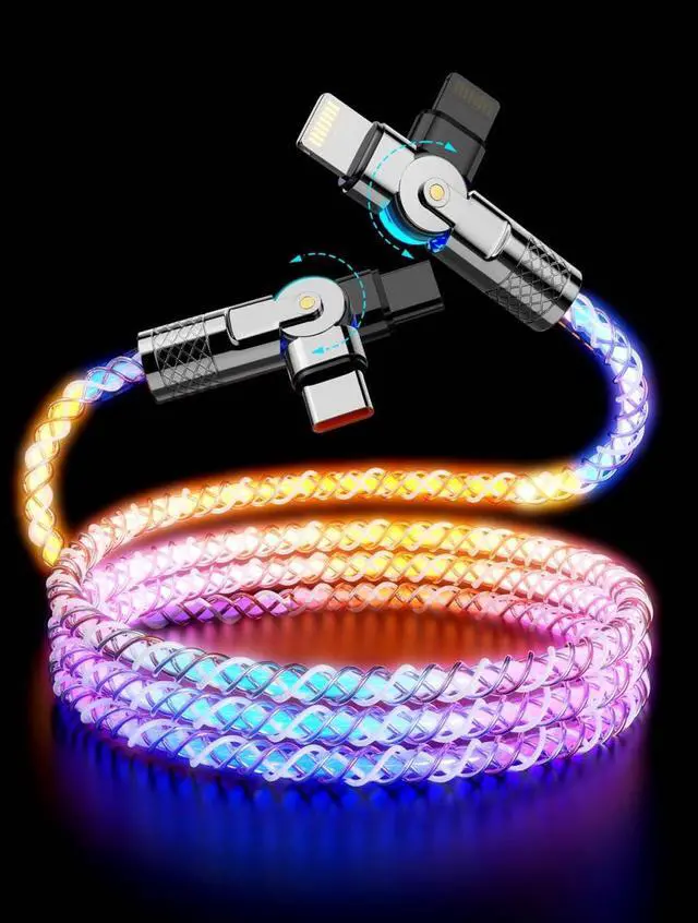 Main image of Bidirectional 90 Degree LED Light Up Colorful Flowing USB C-Lightning Charge Cable,180°Rotating Angle Car RGB Glowing Charger Cord for 14/13/12/11 Pro Max/XR/XS/SE