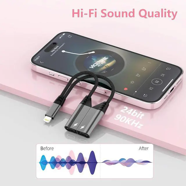 Alt view image 6 of 7 - Magnetic 2-in-1 to Dual Lightning Audio Jack Headphone and Charger Cable Splitter,Earphone Converter Adapter Support Music+Charge+HiFi+Mic for 14 Pro/14 13 12, MFi Certified