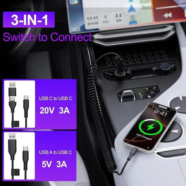 Alt view image 2 of 7 - CarPlay Multi Coiled 3-in-1 USBA/Type C to USB-C Short Car Cable Combo for 16 15 Pro Max Plus,4FT Fast Charge & Data Sync Charger Cord for , Pro,,Pixel,,Android Auto