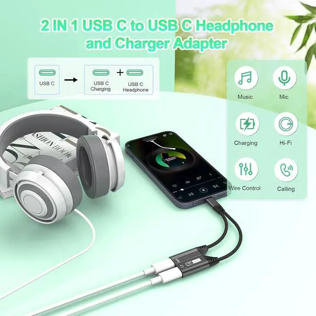 Alt view image 2 of 7 - 2 in 1 Magnetic USB C to Dual USB C Audio Jack Headphone Splitter and 60W Fast Charge Cable Adapter for Type C Devices,Fast Charge Earphone Converter for 15 16/// Pro Air