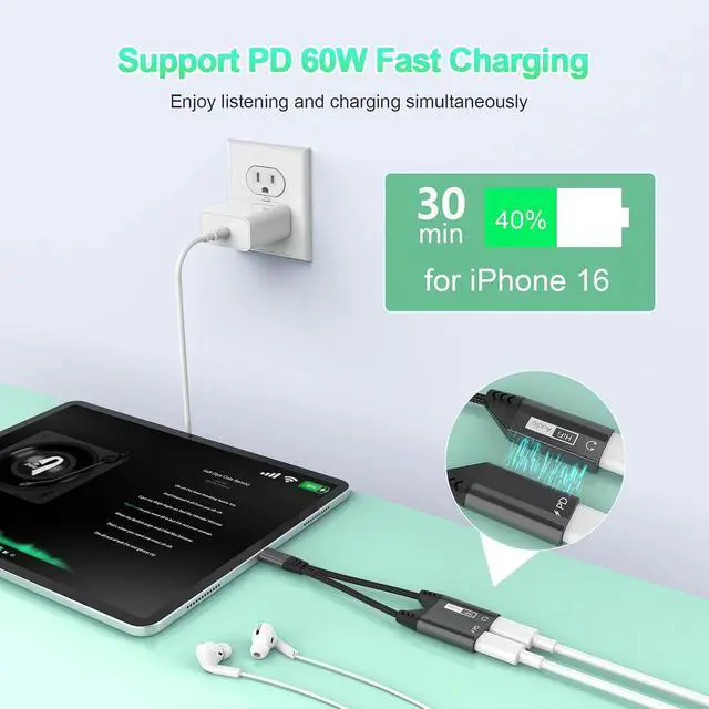 Alt view image 3 of 7 - 2 in 1 Magnetic USB C to Dual USB C Audio Jack Headphone Splitter and 60W Fast Charge Cable Adapter for Type C Devices,Fast Charge Earphone Converter for 15 16/// Pro Air