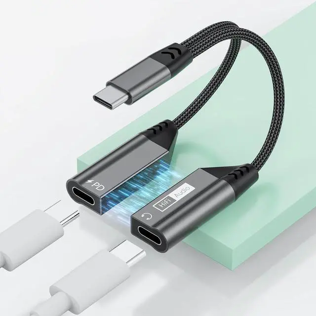 Main image of 2 in 1 Magnetic USB C to Dual USB C Audio Jack Headphone Splitter and 60W Fast Charge Cable Adapter for Type C Devices,Fast Charge Earphone Converter for 15 16/// Pro Air
