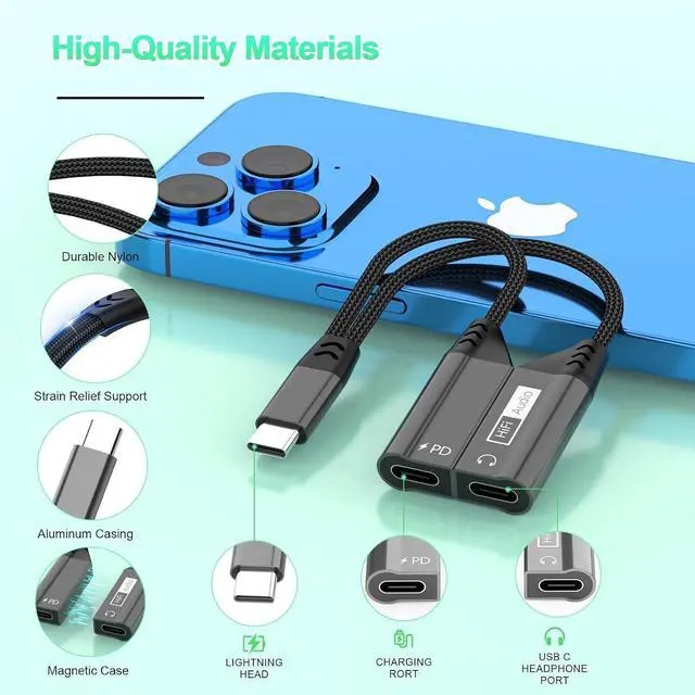 Alt view image 5 of 7 - 2 in 1 Magnetic USB C to Dual USB C Audio Jack Headphone Splitter and 60W Fast Charge Cable Adapter for Type C Devices,Fast Charge Earphone Converter for 15 16/// Pro Air