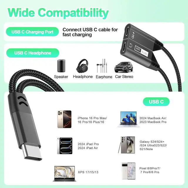 Alt view image 4 of 7 - 2 in 1 Magnetic USB C to Dual USB C Audio Jack Headphone Splitter and 60W Fast Charge Cable Adapter for Type C Devices,Fast Charge Earphone Converter for 15 16/// Pro Air