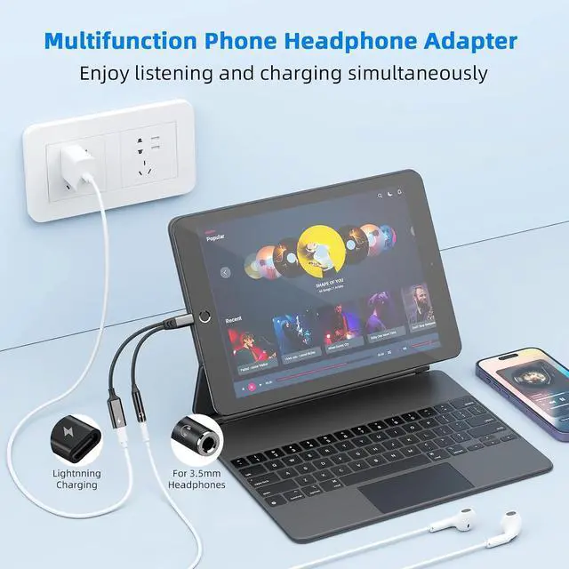 Alt view image 4 of 7 - 2-in-1 Lightning to 3.5mm Jack Headphone and Charger Cable Adapter,Earphones Converter Splitter Support Music+Charge+HiFi+Mic+Control for 14 Pro Max/14 13 12 11 MFi Certified