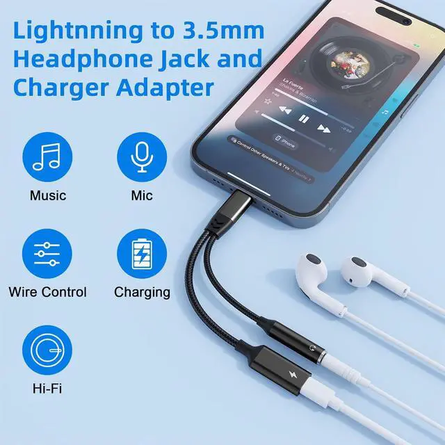 Alt view image 3 of 7 - 2-in-1 Lightning to 3.5mm Jack Headphone and Charger Cable Adapter,Earphones Converter Splitter Support Music+Charge+HiFi+Mic+Control for 14 Pro Max/14 13 12 11 MFi Certified
