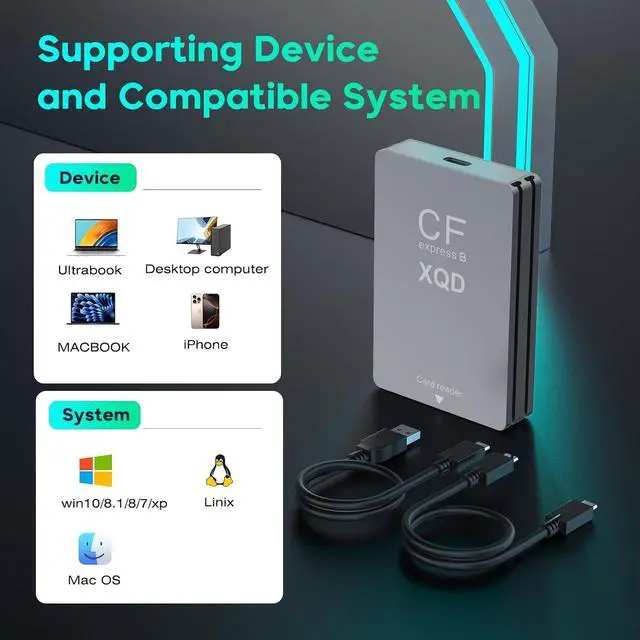 Alt view image 2 of 7 - CFexpress Type B/XQD/SD Card Reader with USBC to USBC-A/C Cable, USB 3.2 Gen 2 10Gbps CFexpress Type B Card Reader with Dual Slot for G/M Series/Lexar/CF Express,Android/Windows/Mac OS/Linux