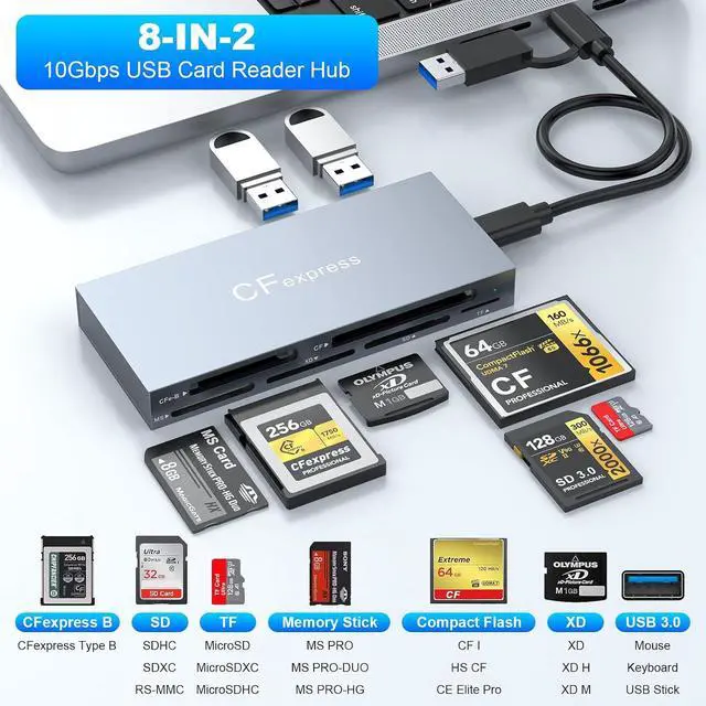 Alt view image 2 of 7 - 8 in 1 CFexpress Type B Card Reader, 10Gbps Multi CF Express Reader for CFexpress Type B/CF/XD/MS/TF/SD Reader, CFexpress Adapter Memory Card Reader with USB Gen 3.2 * 2 for Windows/Mac/Linux/Android