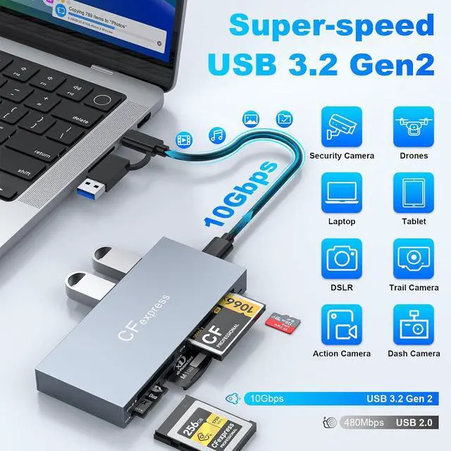 Alt view image 5 of 7 - 8 in 1 CFexpress Type B Card Reader, 10Gbps Multi CF Express Reader for CFexpress Type B/CF/XD/MS/TF/SD Reader, CFexpress Adapter Memory Card Reader with USB Gen 3.2 * 2 for Windows/Mac/Linux/Android