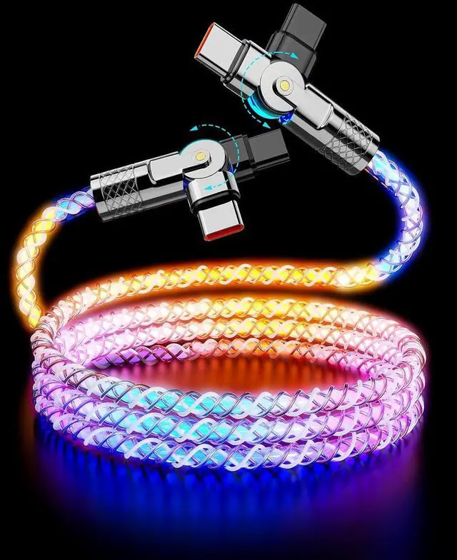 Main image of Bidirectional 90 Degree Dual USB C LED Light Up Colorful Flowing Charge Cable,180°Rotating Angle Car RGB Glowing Charger Cord for 16/15 Pro Max/ Pro/