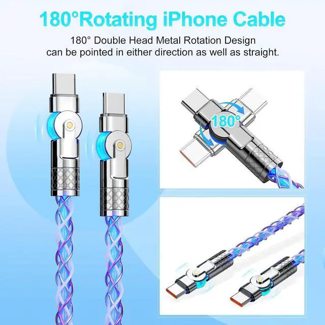 Alt view image 3 of 7 - Bidirectional 90 Degree Dual USB C LED Light Up Colorful Flowing Charge Cable,180°Rotating Angle Car RGB Glowing Charger Cord for 16/15 Pro Max/ Pro/