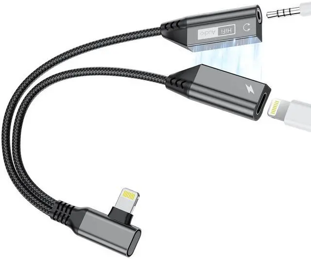 Main image of 2-IN-1 Right Angle Magnetic Lightning to 3.5mm Audio Jack Headphone and Charge Cable Adapter for ,90 Degree Earphone Converter Splitter Support Music+Charge+HiFi+Mic for iPhone14 13 12 11