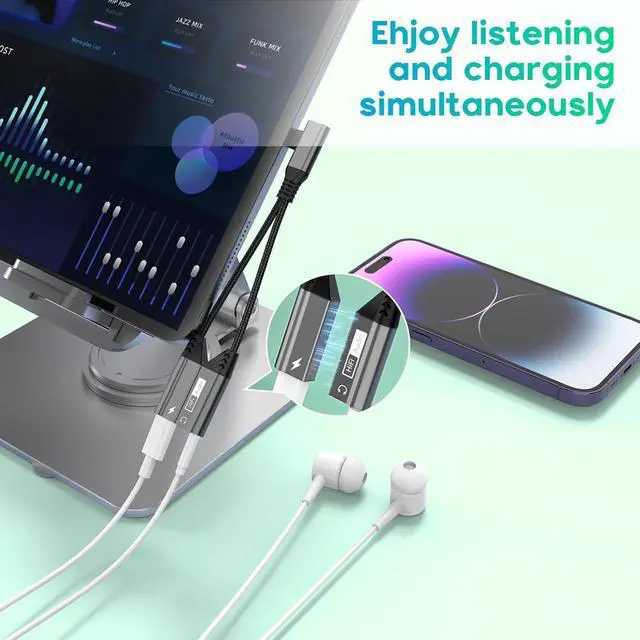 Alt view image 2 of 7 - 2-IN-1 Right Angle Magnetic Lightning to 3.5mm Audio Jack Headphone and Charge Cable Adapter for ,90 Degree Earphone Converter Splitter Support Music+Charge+HiFi+Mic for iPhone14 13 12 11