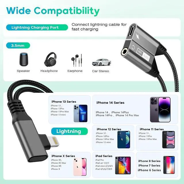 Alt view image 4 of 7 - 2-IN-1 Right Angle Magnetic Lightning to 3.5mm Audio Jack Headphone and Charge Cable Adapter for ,90 Degree Earphone Converter Splitter Support Music+Charge+HiFi+Mic for iPhone14 13 12 11