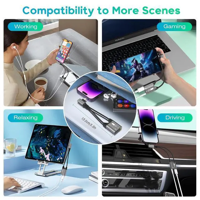 Alt view image 7 of 7 - 2-IN-1 Right Angle Magnetic Lightning to 3.5mm Audio Jack Headphone and Charge Cable Adapter for ,90 Degree Earphone Converter Splitter Support Music+Charge+HiFi+Mic for iPhone14 13 12 11