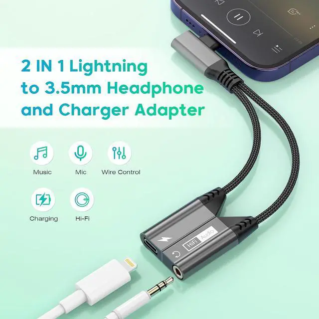 Alt view image 5 of 7 - 2-IN-1 Right Angle Magnetic Lightning to 3.5mm Audio Jack Headphone and Charge Cable Adapter for ,90 Degree Earphone Converter Splitter Support Music+Charge+HiFi+Mic for iPhone14 13 12 11
