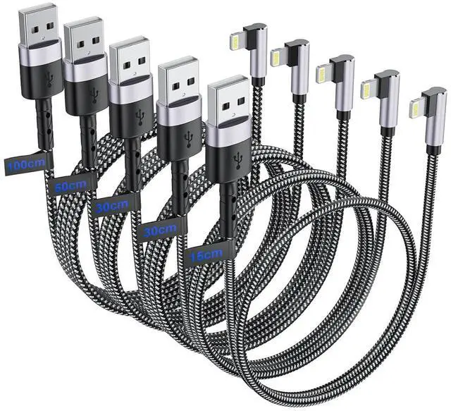 Main image of 5Pack Right Angle Short Charger Cable 15CM+30CM*2+50CM+1M90 Degree USB A to Lightning Cable, Nylon Braided Sync Data Fast Charge Cord for 14 13 12 11 Pro Max Xs Xr 8 7 6 Plus SE