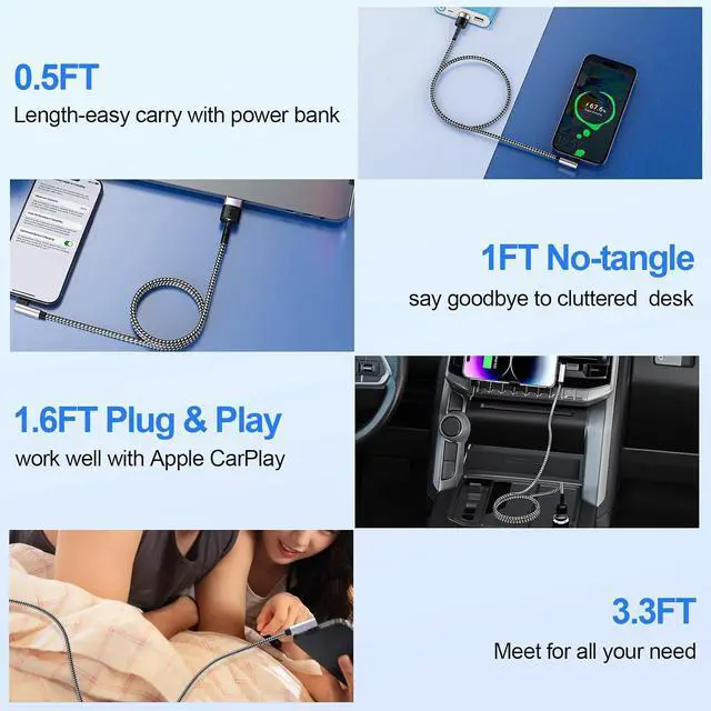 Alt view image 2 of 7 - 5Pack Right Angle Short Charger Cable 15CM+30CM*2+50CM+1M90 Degree USB A to Lightning Cable, Nylon Braided Sync Data Fast Charge Cord for 14 13 12 11 Pro Max Xs Xr 8 7 6 Plus SE