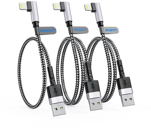 Main image of 3Pack Right Angle Short Charge Cable, 90 Degree USB A to Lightning Cable 15cm+30cm+30cm, Nylon Braided Sync Data Charger Cable, Fast Charge Cord for 14 13 12 11 Pro Max Xr 8 7 Plus