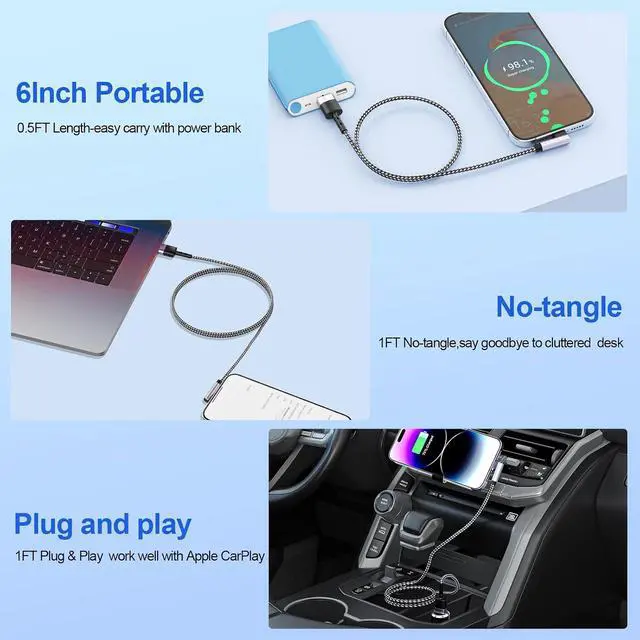Alt view image 2 of 7 - 3Pack Right Angle Short Charge Cable, 90 Degree USB A to Lightning Cable 15cm+30cm+30cm, Nylon Braided Sync Data Charger Cable, Fast Charge Cord for 14 13 12 11 Pro Max Xr 8 7 Plus