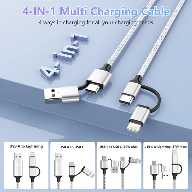 Alt view image 2 of 7 - 16FT/5M Multi 4 in 1 USB C Cable Lightning Charging Cable,60W Fast Charger & Data Transfer, Charger Cord with Lightning/Type C/USB A for 16/15/14,MacBook,,