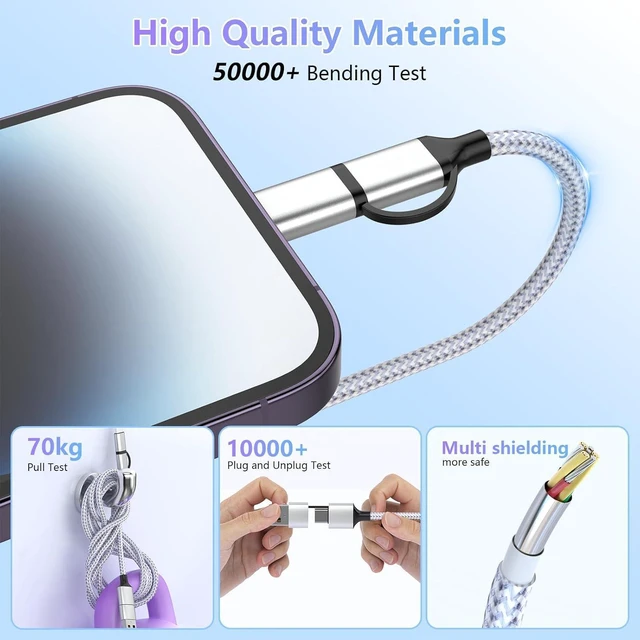 Alt view image 6 of 7 - 16FT/5M Multi 4 in 1 USB C Cable Lightning Charging Cable,60W Fast Charger & Data Transfer, Charger Cord with Lightning/Type C/USB A for 16/15/14,MacBook,,