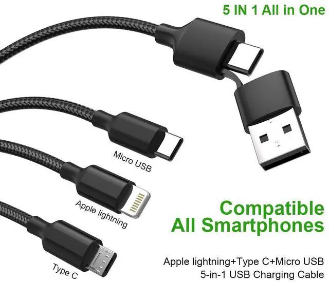 Alt view image 2 of 6 - Multi 5 in 1 USB A/Type-C to USB C+Lightning/Micro USB Charging Cable for ,6FT Universal Nylon Braided Sync Data Charger Cord for 14 13 12 11 Plus Pro Max,,,Pixel,Android