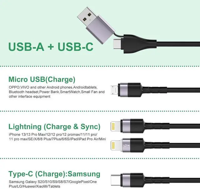 Alt view image 2 of 7 - Multi 6-in-1 USB A/C Universal Coiled Charging Cable for CarPlay,Lightning*2+Type C+Micro USB Long Phone Charger Cord Connector Adapter for Android// 14 13///1.8M/6FT