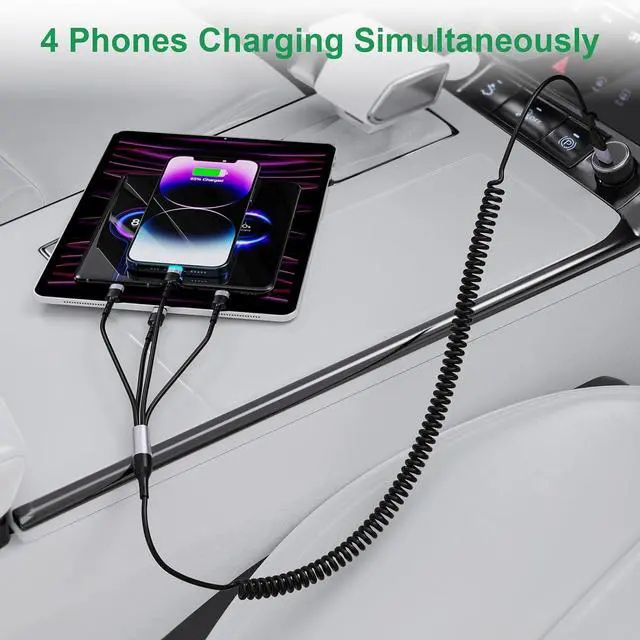 Alt view image 3 of 7 - Multi 6-in-1 USB A/C Universal Coiled Charging Cable for CarPlay,Lightning*2+Type C+Micro USB Long Phone Charger Cord Connector Adapter for Android// 14 13///1.8M/6FT
