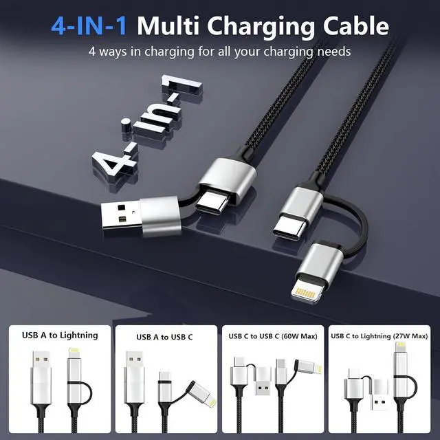 Alt view image 2 of 7 - 16FT Multi 4 in 1 USB C Cable Lightning Charging Cable,5M Long 60W Fast Charger & Data Transfer, Charger Cord with Lightning/Type C/USB A for 16/15/14,MacBook,,