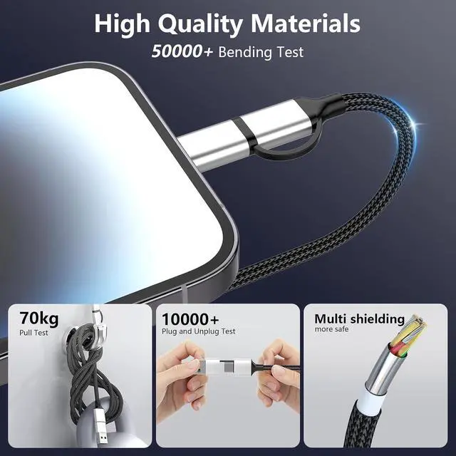 Alt view image 6 of 7 - 16FT Multi 4 in 1 USB C Cable Lightning Charging Cable,5M Long 60W Fast Charger & Data Transfer, Charger Cord with Lightning/Type C/USB A for 16/15/14,MacBook,,