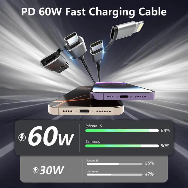 Alt view image 4 of 7 - 16FT Multi 4 in 1 USB C Cable Lightning Charging Cable,5M Long 60W Fast Charger & Data Transfer, Charger Cord with Lightning/Type C/USB A for 16/15/14,MacBook,,