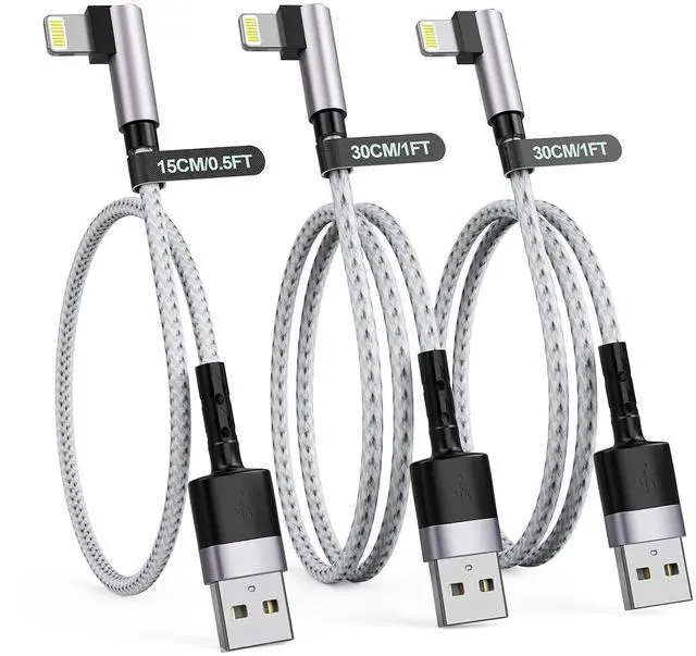 Main image of 3Pack Right Angle Short Lightning Charge Cable, 90 Degree Lightning Cable 15cm+30cm+30cm, Nylon Braided Sync Data Charger Cord for 14/13/12/11 Pro Max 8 7 Plus-Grey