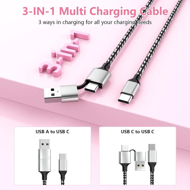 Alt view image 2 of 7 - 20FT Extra Long USB-C 15/16 Long Charger Cable,6M 3-in-1 60W USB-C+USB-A to Type-C Nylon Braided Sync Data Charging Cord for 16 15 Pro Max Plus, Pro,Android,,Pixel