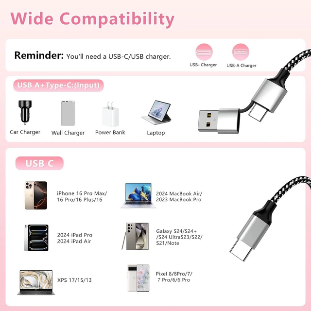 Alt view image 3 of 7 - 20FT Extra Long USB-C 15/16 Long Charger Cable,6M 3-in-1 60W USB-C+USB-A to Type-C Nylon Braided Sync Data Charging Cord for 16 15 Pro Max Plus, Pro,Android,,Pixel