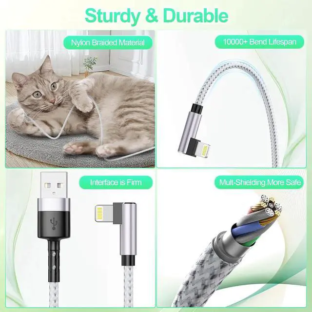 Alt view image 7 of 7 - 3Pack Right Angle Short Lightning Charge Cable, 90 Degree Lightning Cable 15cm+30cm+30cm, Nylon Braided Sync Data Charger Cord for 14/13/12/11 Pro Max 8 7 Plus-Grey