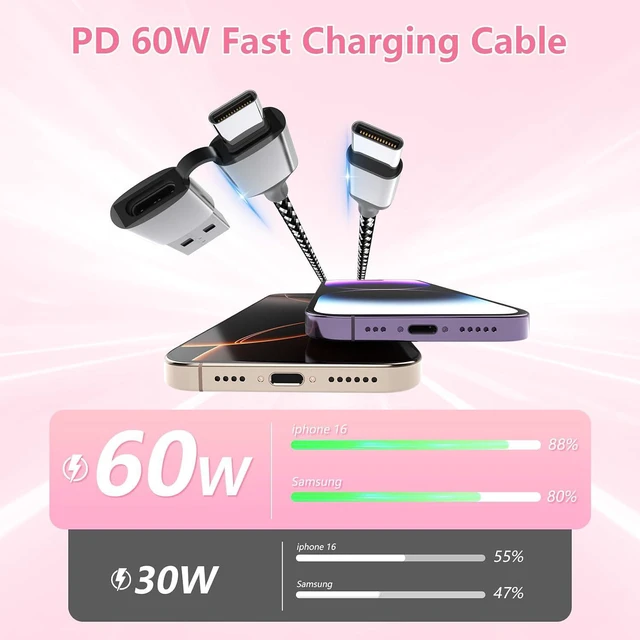 Alt view image 5 of 7 - 20FT Extra Long USB-C 15/16 Long Charger Cable,6M 3-in-1 60W USB-C+USB-A to Type-C Nylon Braided Sync Data Charging Cord for 16 15 Pro Max Plus, Pro,Android,,Pixel
