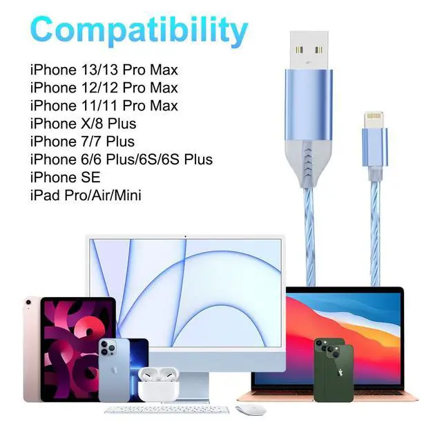 Alt view image 3 of 7 - 2M/6FT Flowing LED Light Up Lightning Charge Cable,Glowing Charger Adapter Sync Data Connector Cord for Car with 13/12 Pro Max /11 Pro/XR/XS Max/X/8 7 SE 2020,/iPod (Blue)