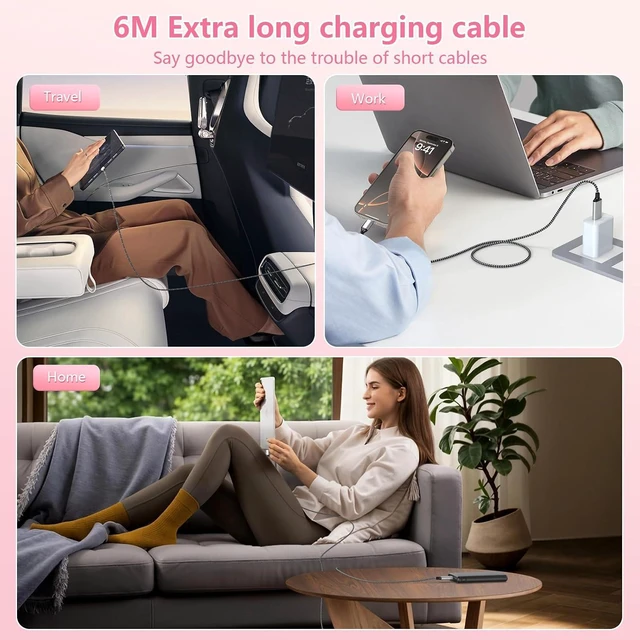 Alt view image 7 of 7 - 20FT Extra Long USB-C 15/16 Long Charger Cable,6M 3-in-1 60W USB-C+USB-A to Type-C Nylon Braided Sync Data Charging Cord for 16 15 Pro Max Plus, Pro,Android,,Pixel