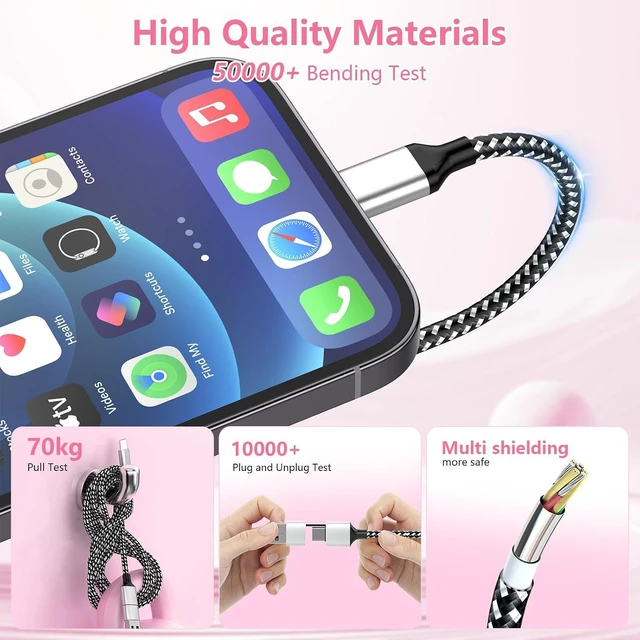 Alt view image 6 of 7 - 20FT Extra Long USB-C 15/16 Long Charger Cable,6M 3-in-1 60W USB-C+USB-A to Type-C Nylon Braided Sync Data Charging Cord for 16 15 Pro Max Plus, Pro,Android,,Pixel