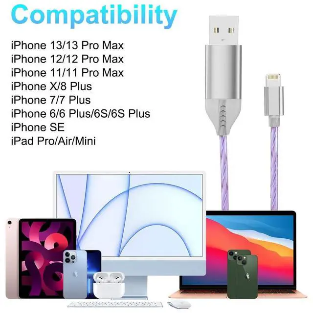 Alt view image 2 of 7 - 2M/6FT Flowing LED Light Up Lightning Charge Cable, Glowing /iOS Charger Adapter Sync Data Connector Cord for Car with 13/12 Pro Max /11 Pro/XR/XS Max/X/8 7 SE 2020,/iPod (Purple)