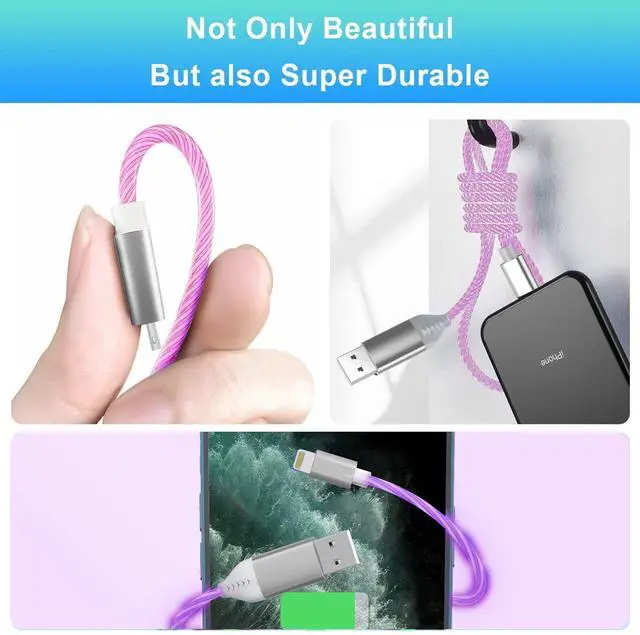Alt view image 6 of 7 - 2M/6FT Flowing LED Light Up Lightning Charge Cable, Glowing /iOS Charger Adapter Sync Data Connector Cord for Car with 13/12 Pro Max /11 Pro/XR/XS Max/X/8 7 SE 2020,/iPod (Purple)
