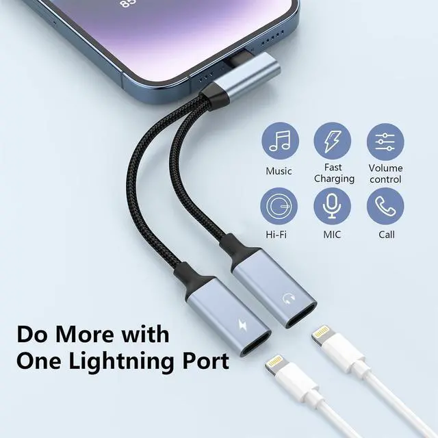 Alt view image 2 of 7 - Right Angle 2-in-1 to Dual Lightning Jack Audio Headphone and Charger Cable Adapter, MFi CertifiedCalling+Music+Charge 90 Degree Earphones Converter Splitter for 14 13 12 11