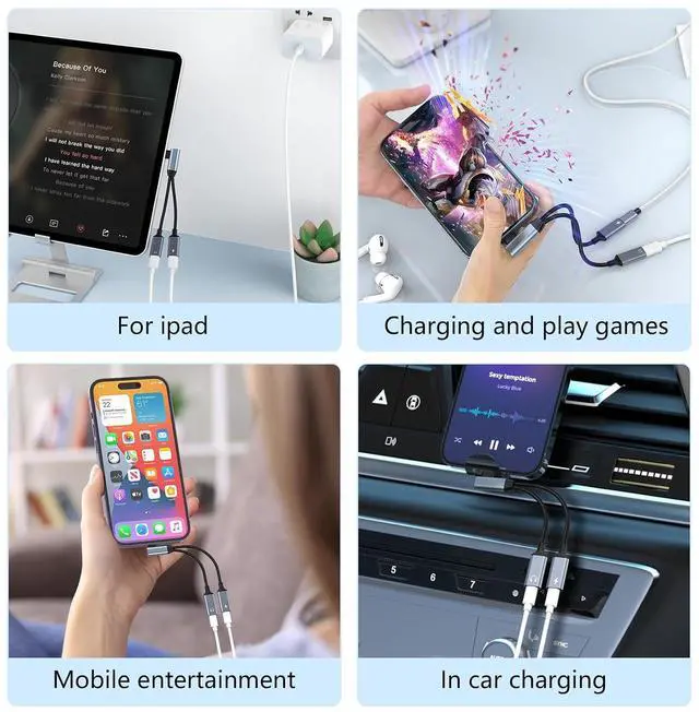 Alt view image 7 of 7 - Right Angle 2-in-1 to Dual Lightning Jack Audio Headphone and Charger Cable Adapter, MFi CertifiedCalling+Music+Charge 90 Degree Earphones Converter Splitter for 14 13 12 11