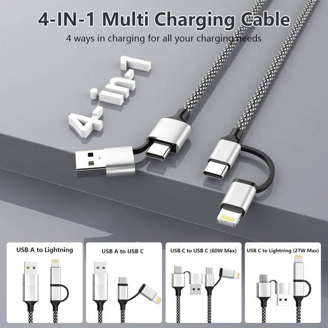 Alt view image 2 of 7 - 16FT Long Multi 4 in 1 USB C Cable Lightning Charging Cable,5M 60W Fast Charger & Data Transfer, Charger Cord with Lightning/Type C/USB A for 15/14/13/12,MacBook,,