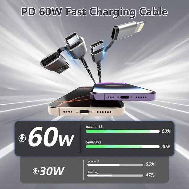 Alt view image 4 of 7 - 16FT Long Multi 4 in 1 USB C Cable Lightning Charging Cable,5M 60W Fast Charger & Data Transfer, Charger Cord with Lightning/Type C/USB A for 15/14/13/12,MacBook,,