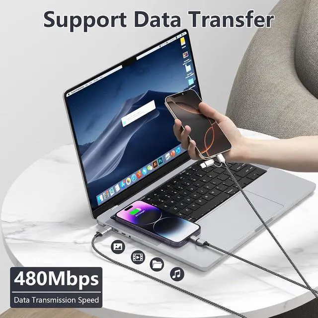 Alt view image 5 of 7 - 16FT Long Multi 4 in 1 USB C Cable Lightning Charging Cable,5M 60W Fast Charger & Data Transfer, Charger Cord with Lightning/Type C/USB A for 15/14/13/12,MacBook,,