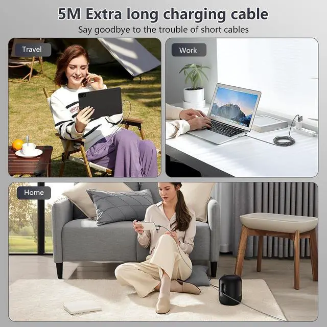 Alt view image 7 of 7 - 16FT Long Multi 4 in 1 USB C Cable Lightning Charging Cable,5M 60W Fast Charger & Data Transfer, Charger Cord with Lightning/Type C/USB A for 15/14/13/12,MacBook,,