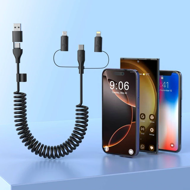 Main image of CarPlay Multi Coiled 5-in-1 USB A/Type C to USB-C/Lightning/Micro USB Short Car Cable Combo for ,4FT Fast Charge &Data Sync Charger Cord for 15/14/13/12,,,Pixel,Android