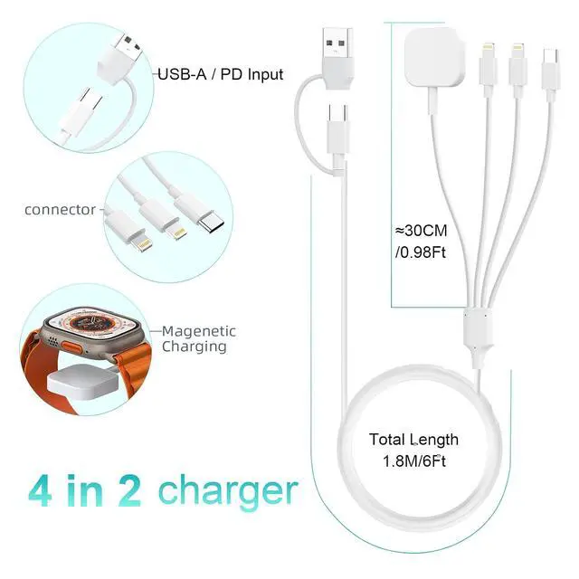 Alt view image 6 of 7 - Multi 4 in 2 Fast Charger Cable for Watch Charger, Type C iWatch Charger Cable for Watch Charger for Series 3/4/5/6/7/8/9/10/SE/Ultra and Compatible with 17-11/(6FT)